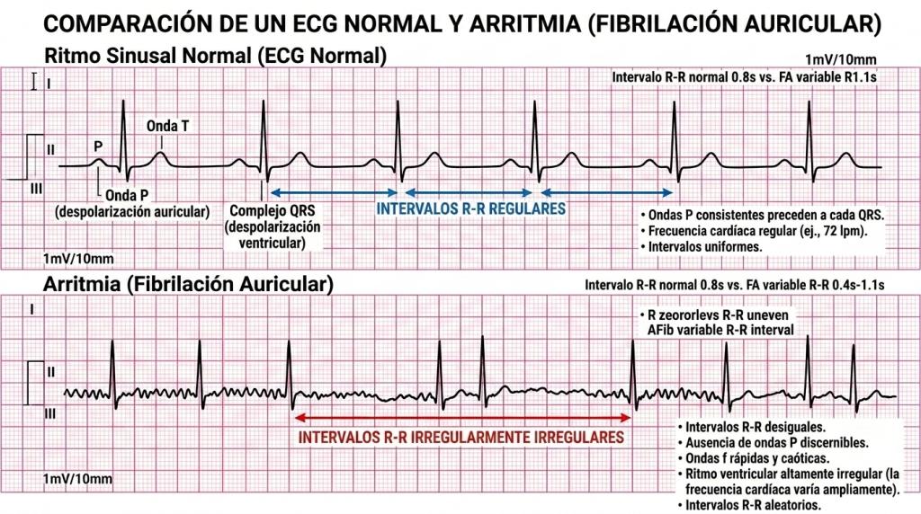 Electrocardiograma normal y con arritmia